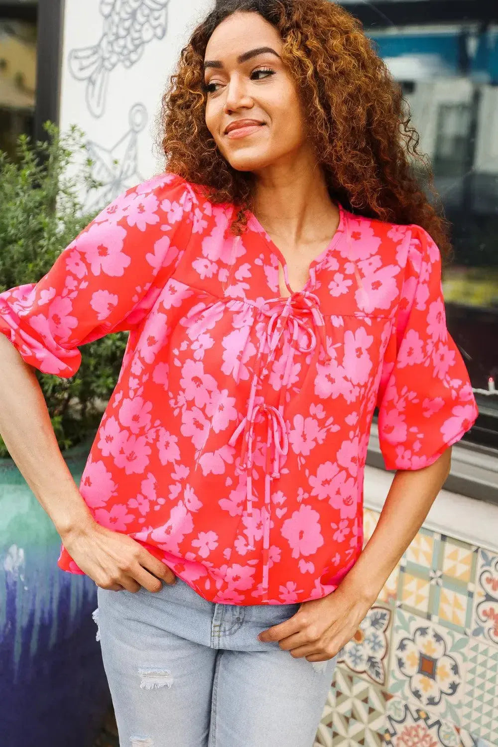 New Day Red Ribbon Bow Detail Floral Woven Blouse-Evelyns Fashion