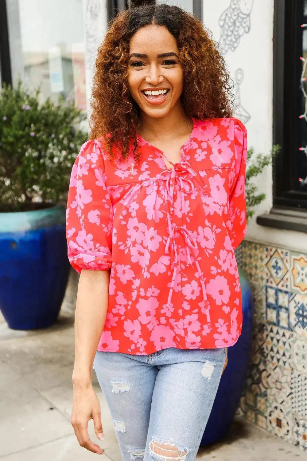 New Day Red Ribbon Bow Detail Floral Woven Blouse-Evelyns Fashion