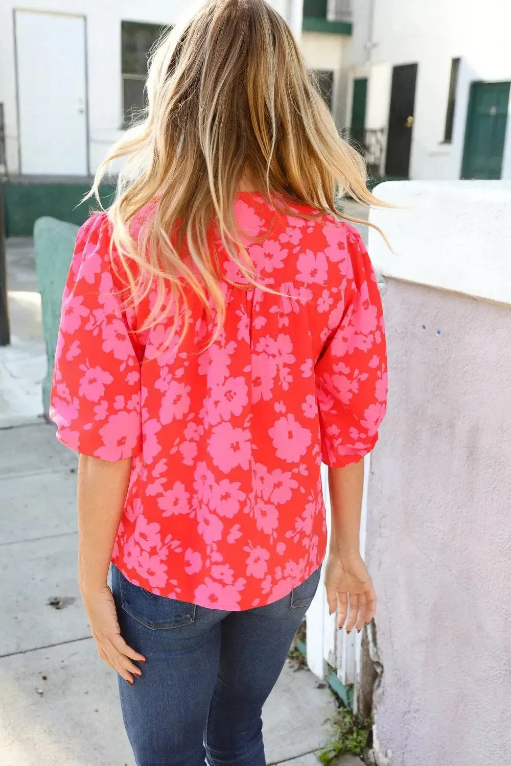 New Day Red Ribbon Bow Detail Floral Woven Blouse-Evelyns Fashion