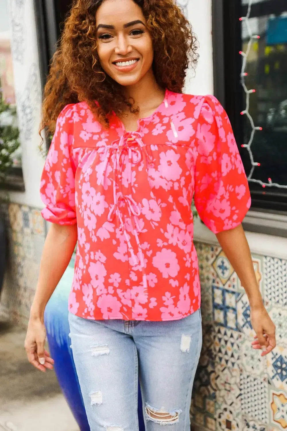 New Day Red Ribbon Bow Detail Floral Woven Blouse-Evelyns Fashion