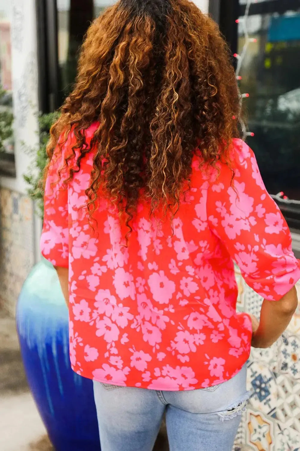 New Day Red Ribbon Bow Detail Floral Woven Blouse-Evelyns Fashion