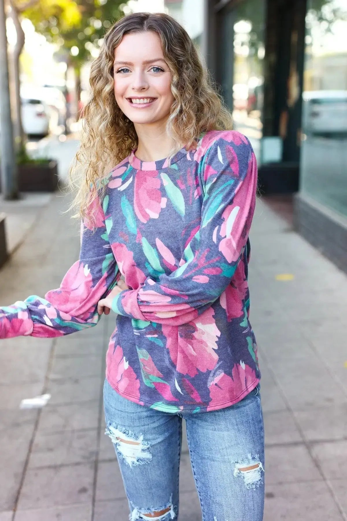 On My Heart Navy Floral Brushed Hacci Sweater Top-Evelyns Fashion