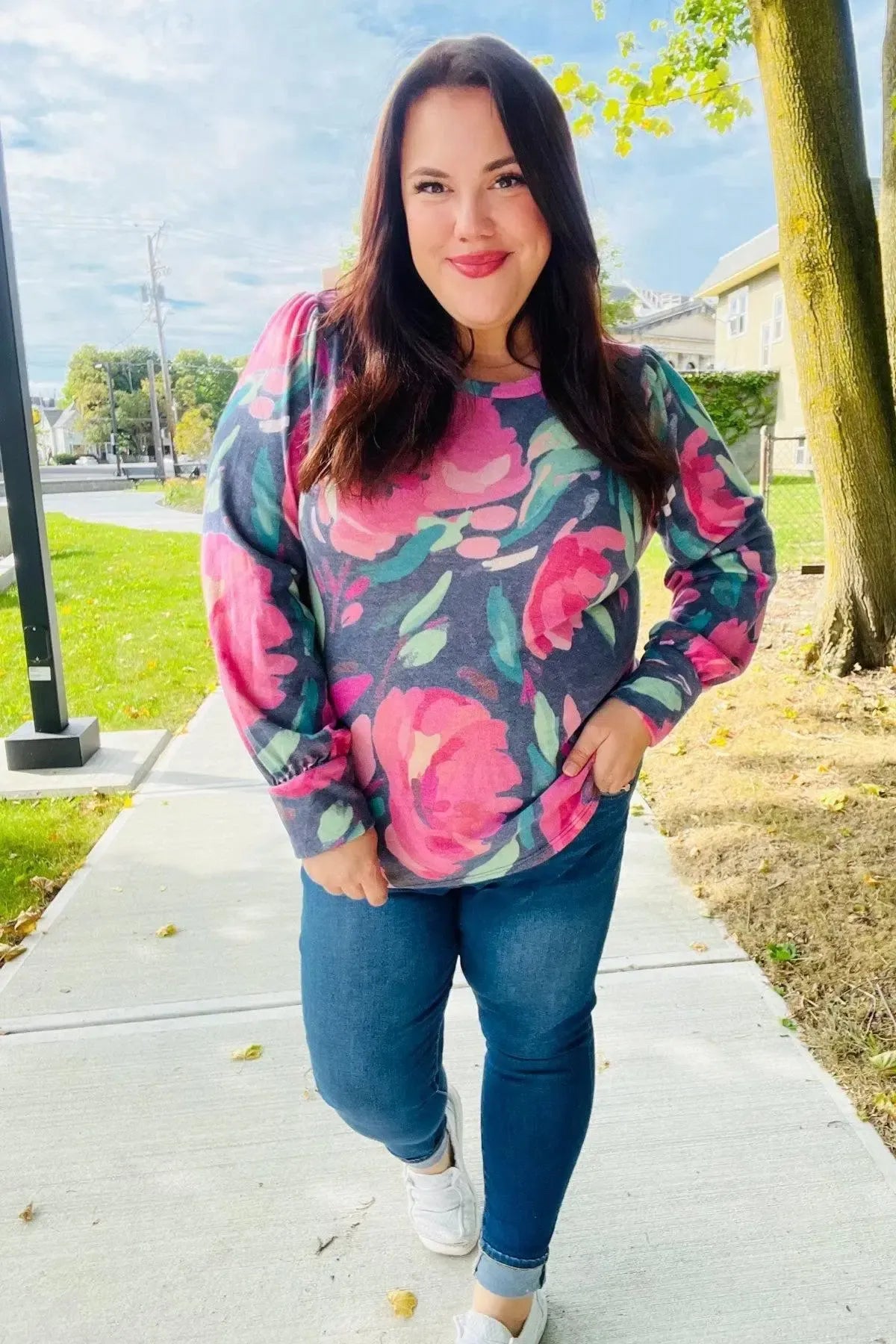 On My Heart Navy Floral Brushed Hacci Sweater Top-Evelyns Fashion
