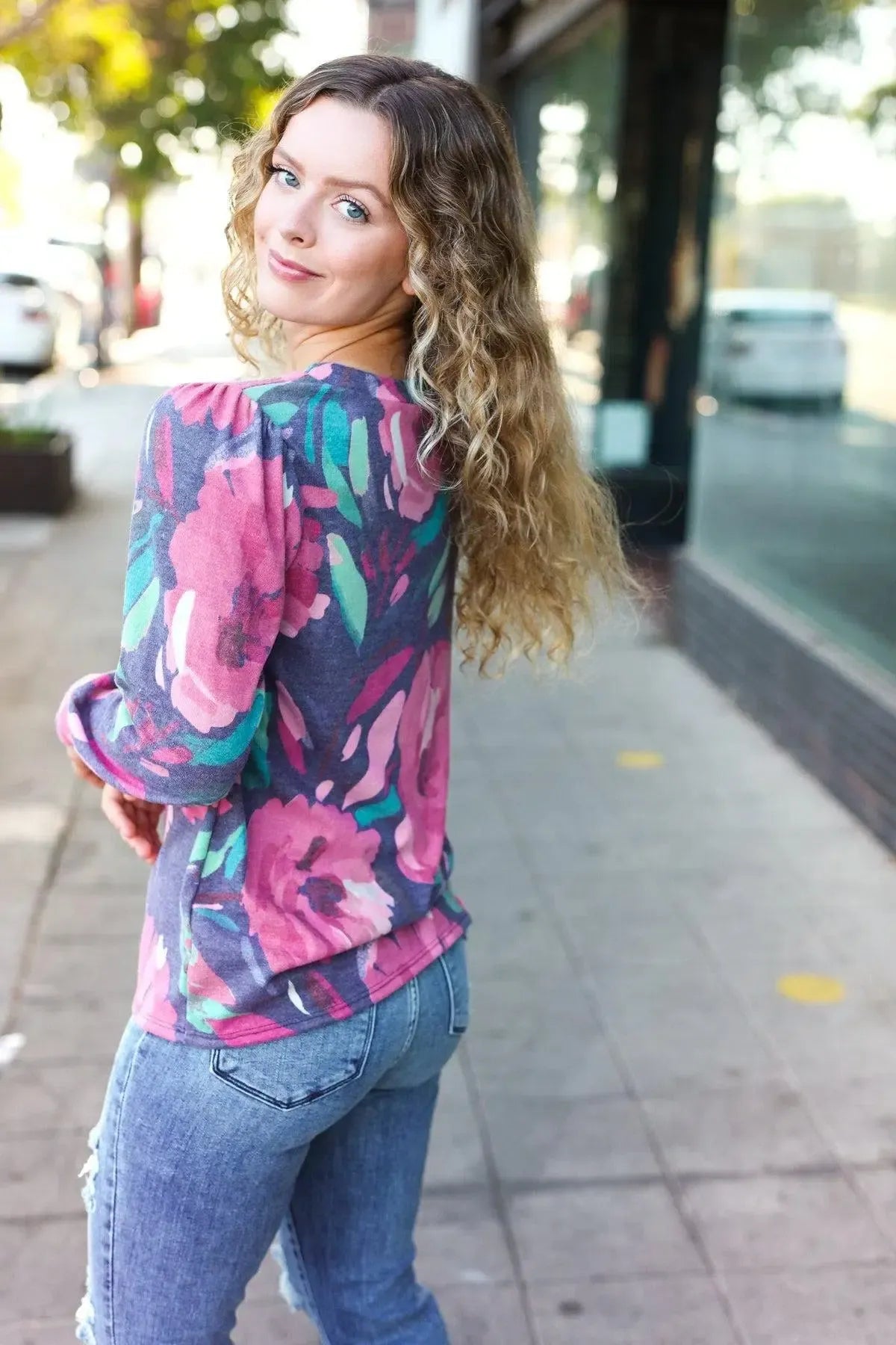 On My Heart Navy Floral Brushed Hacci Sweater Top-Evelyns Fashion