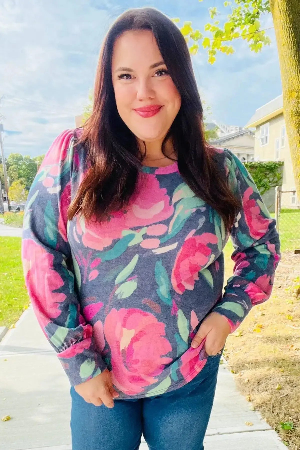 On My Heart Navy Floral Brushed Hacci Sweater Top-Evelyns Fashion
