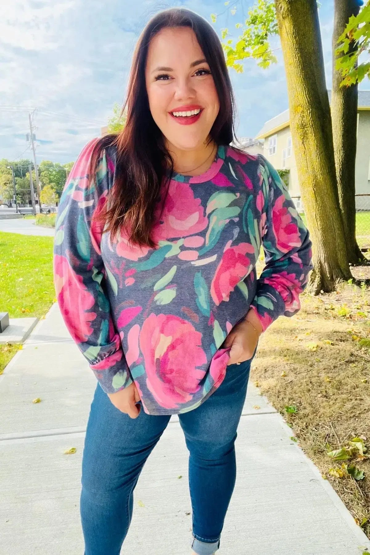 On My Heart Navy Floral Brushed Hacci Sweater Top-Evelyns Fashion