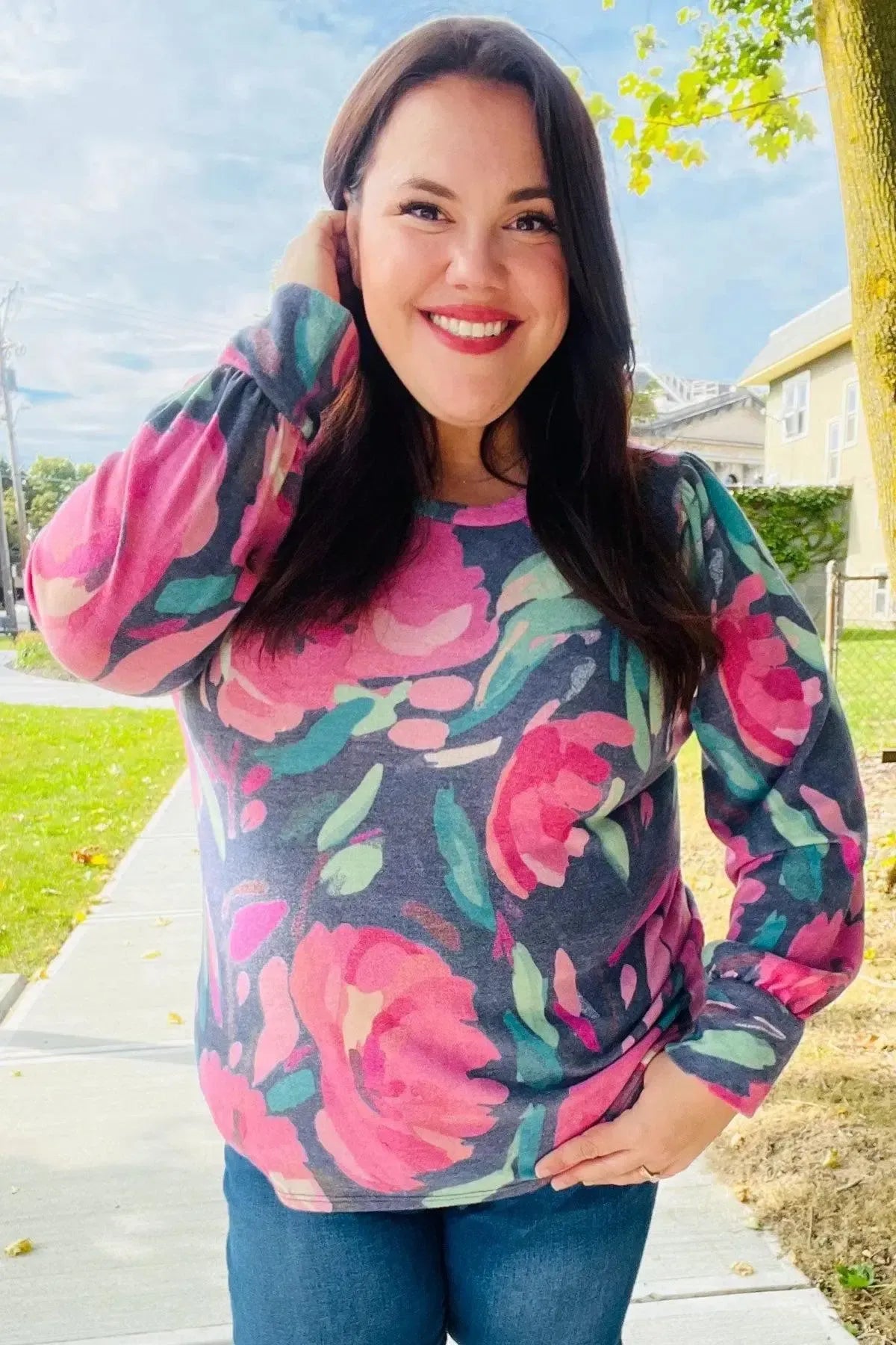 On My Heart Navy Floral Brushed Hacci Sweater Top-Evelyns Fashion