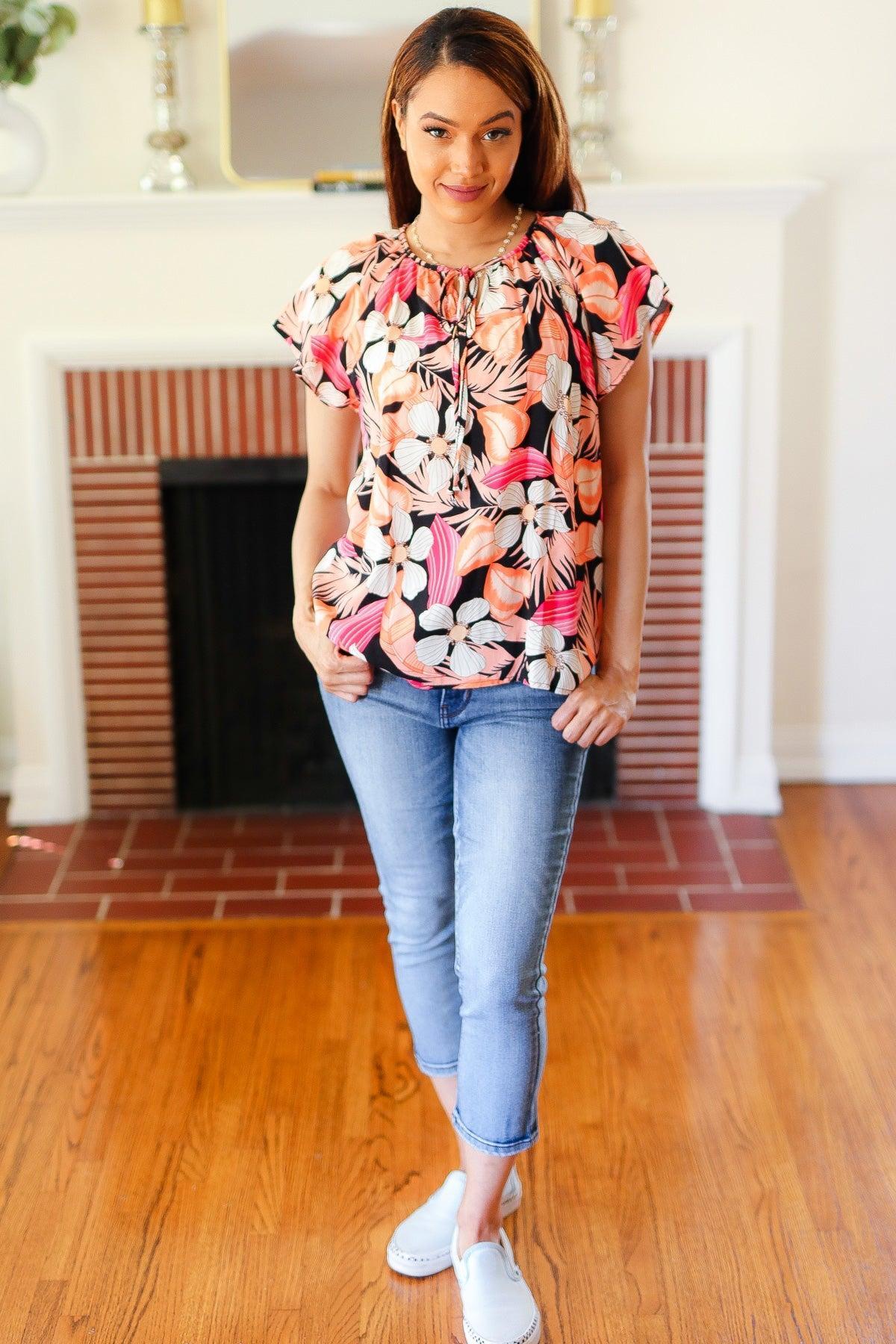 Peach Tropical Floral Tie Neck Top-Blouses-Evelyns Fashion