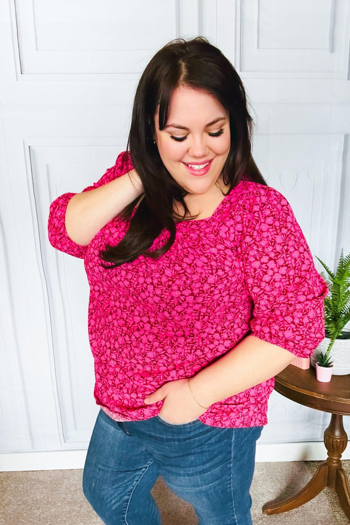 Perfectly You Fuchsia Floral Three Quarter Sleeve Square Neck Top-Evelyns Fashion