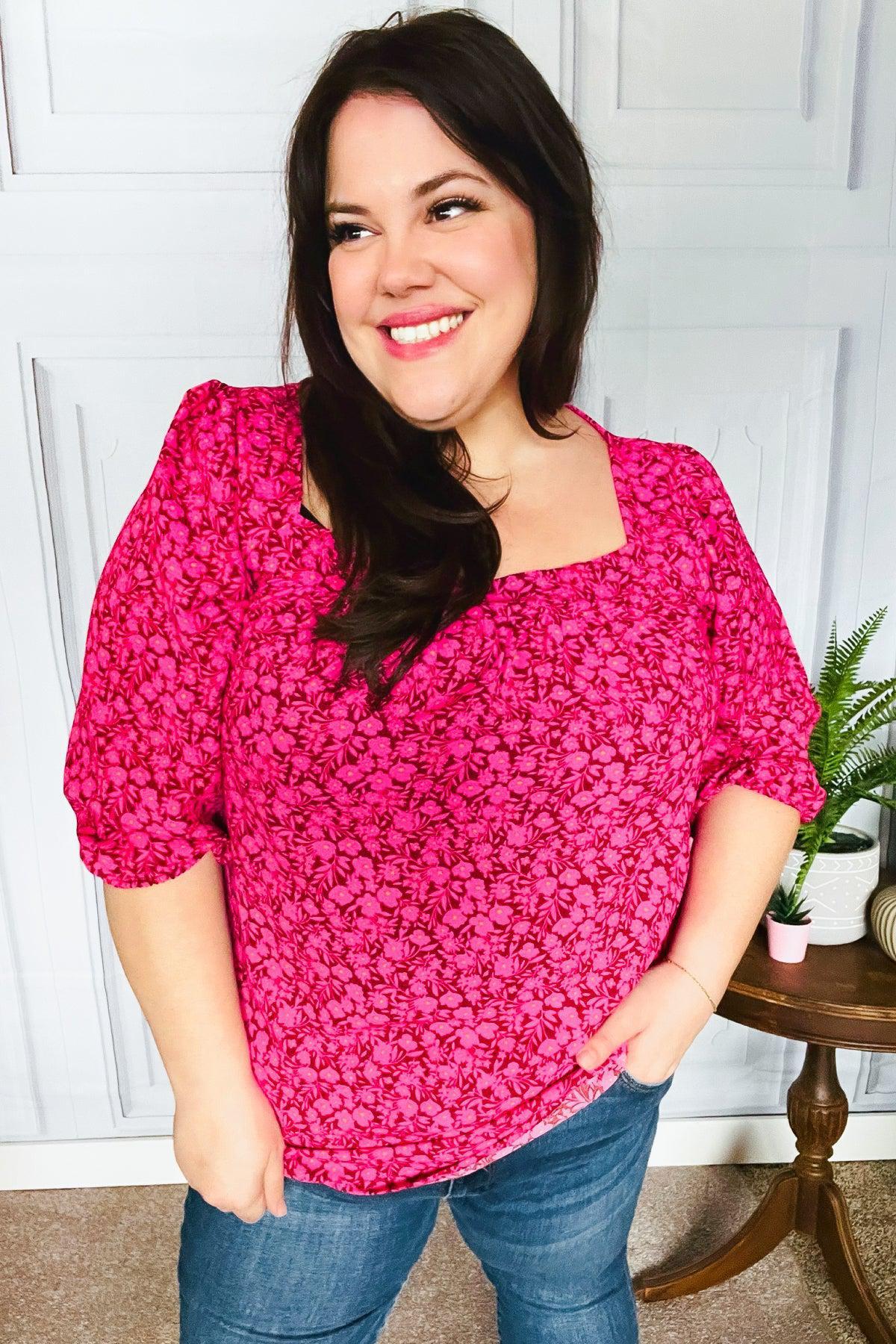 Perfectly You Fuchsia Floral Three Quarter Sleeve Square Neck Top-Evelyns Fashion