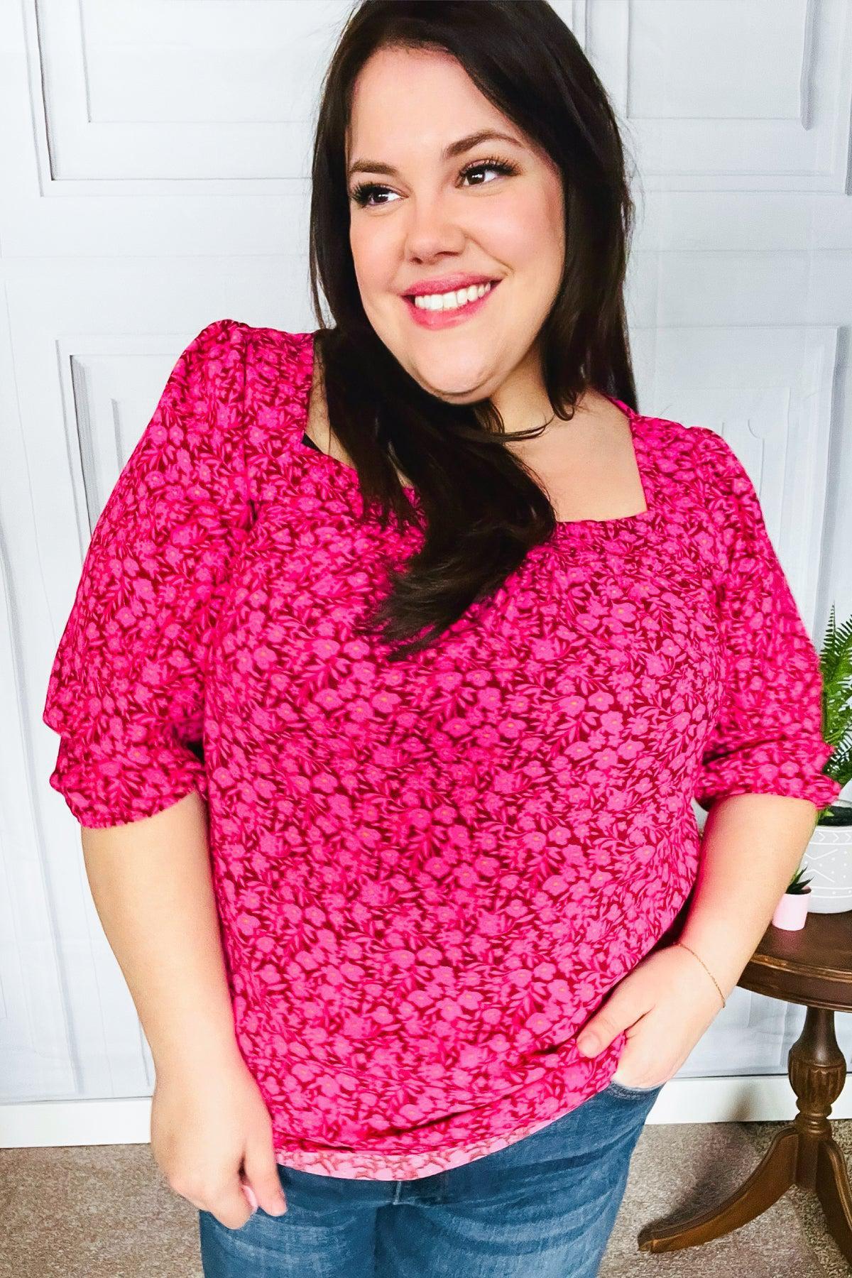 Perfectly You Fuchsia Floral Three Quarter Sleeve Square Neck Top-Evelyns Fashion