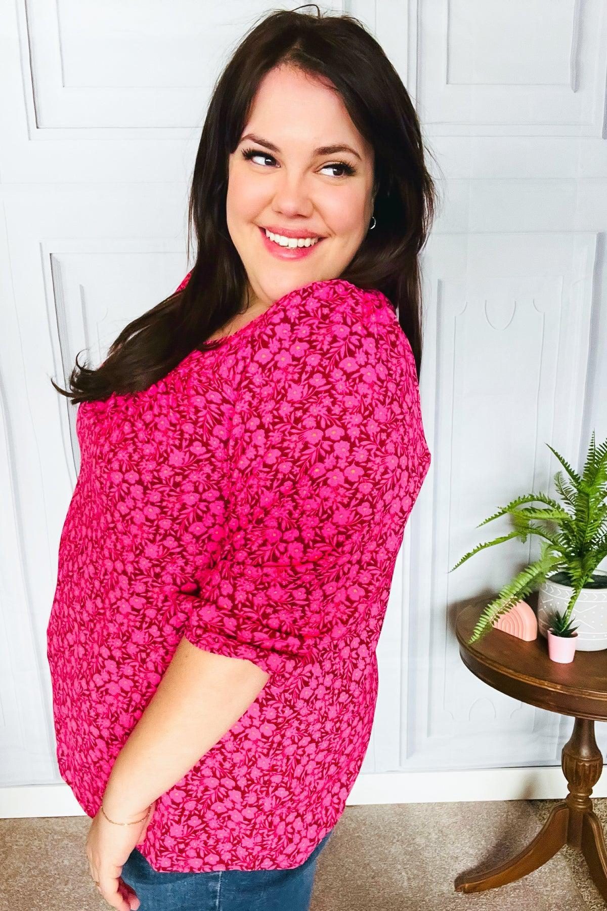 Perfectly You Fuchsia Floral Three Quarter Sleeve Square Neck Top-Evelyns Fashion