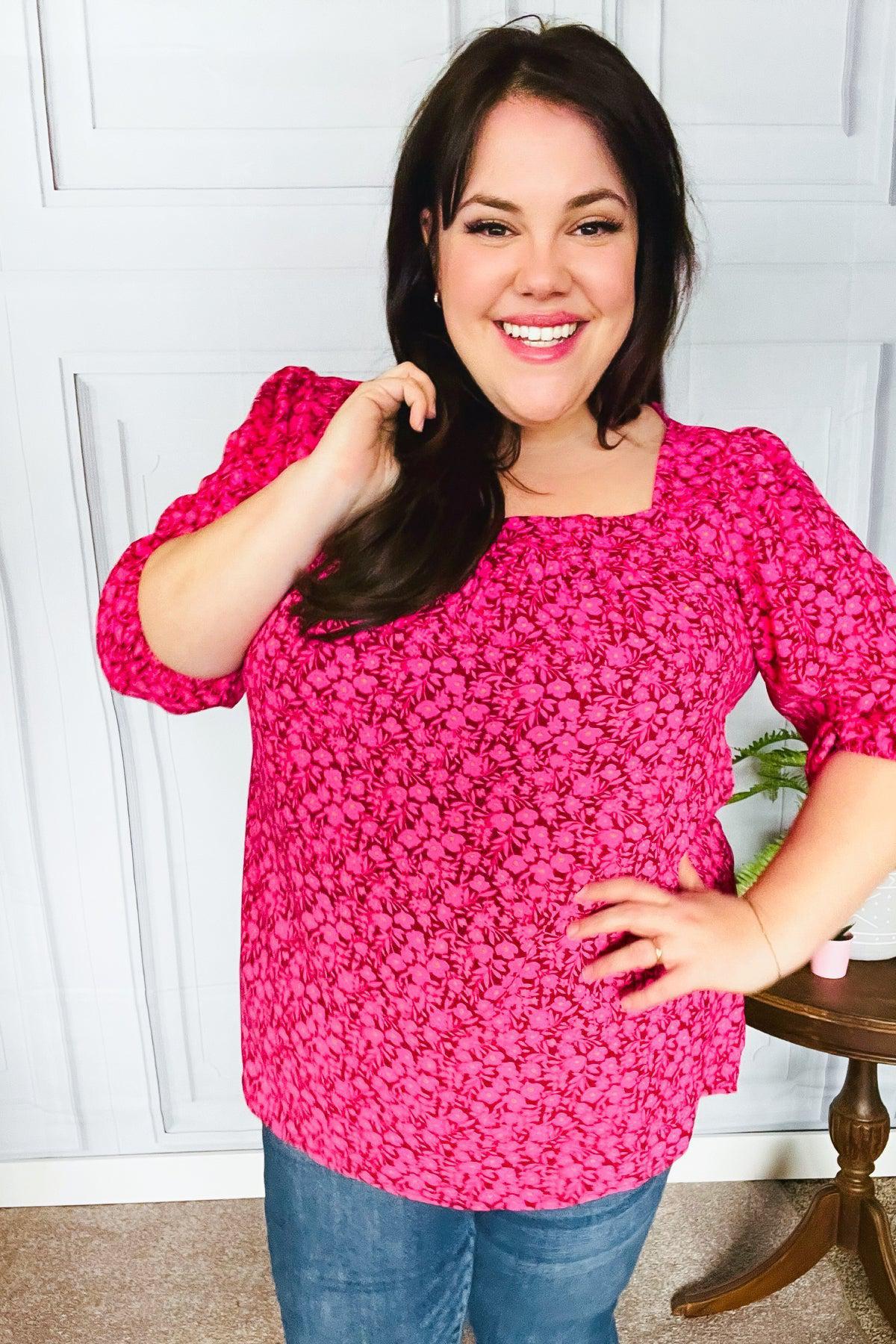 Perfectly You Fuchsia Floral Three Quarter Sleeve Square Neck Top-Evelyns Fashion