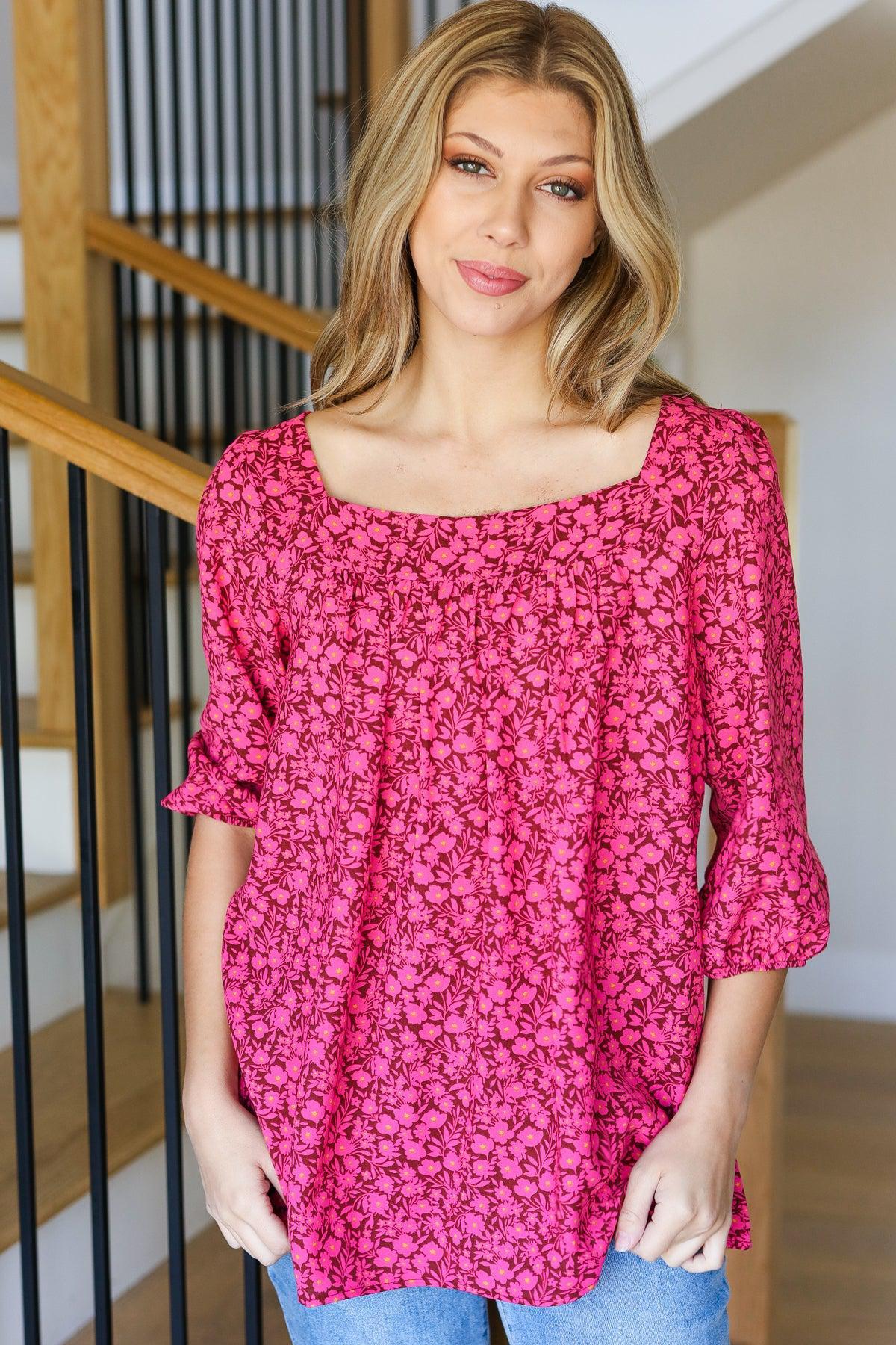 Perfectly You Fuchsia Floral Three Quarter Sleeve Square Neck Top-Evelyns Fashion