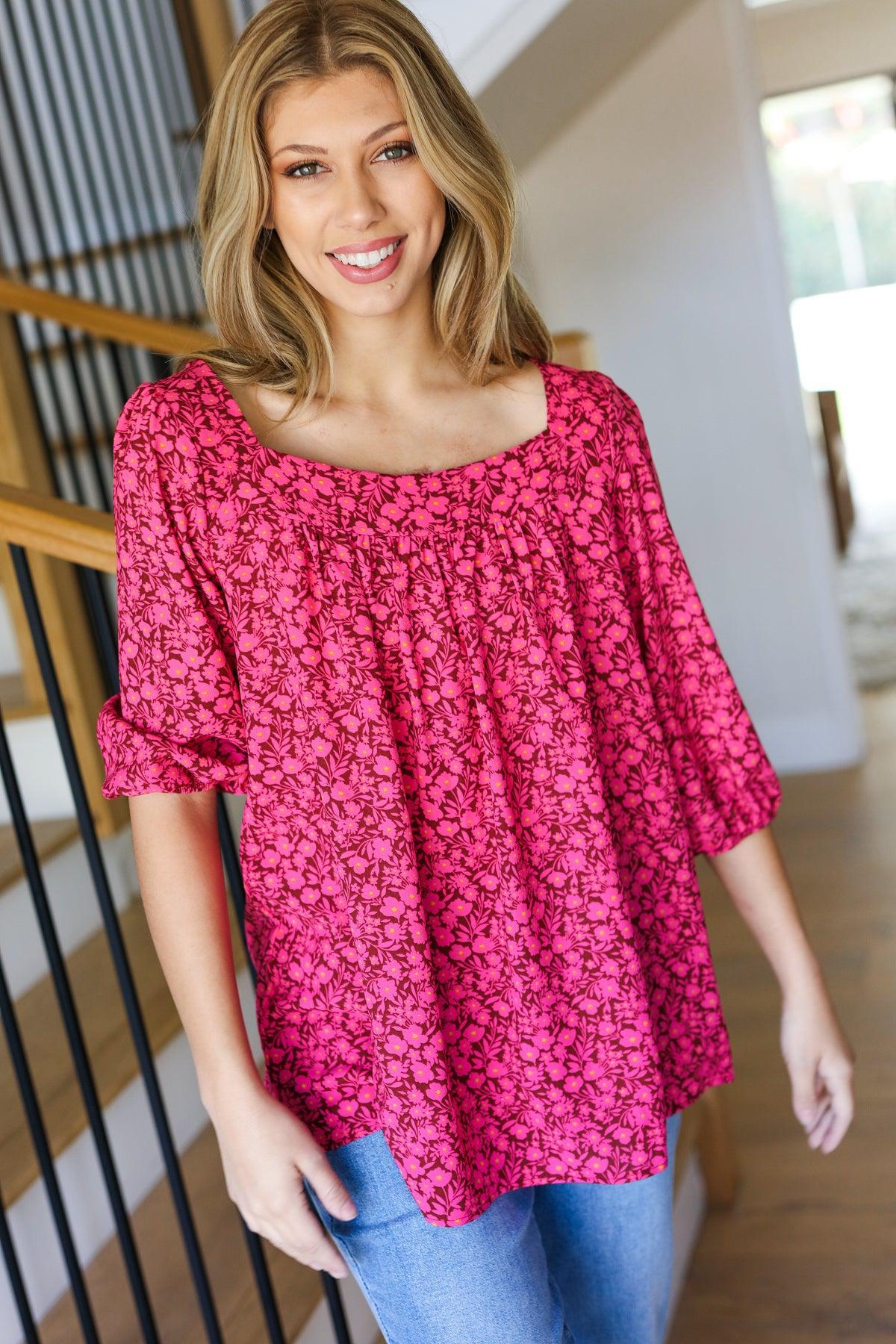 Perfectly You Fuchsia Floral Three Quarter Sleeve Square Neck Top-Evelyns Fashion
