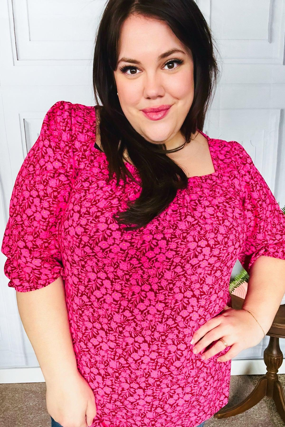 Perfectly You Fuchsia Floral Three Quarter Sleeve Square Neck Top-Evelyns Fashion