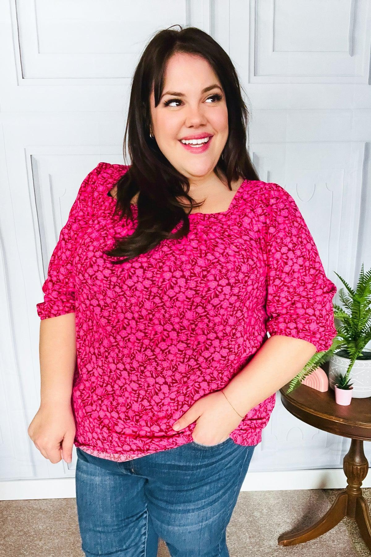 Perfectly You Fuchsia Floral Three Quarter Sleeve Square Neck Top-Evelyns Fashion
