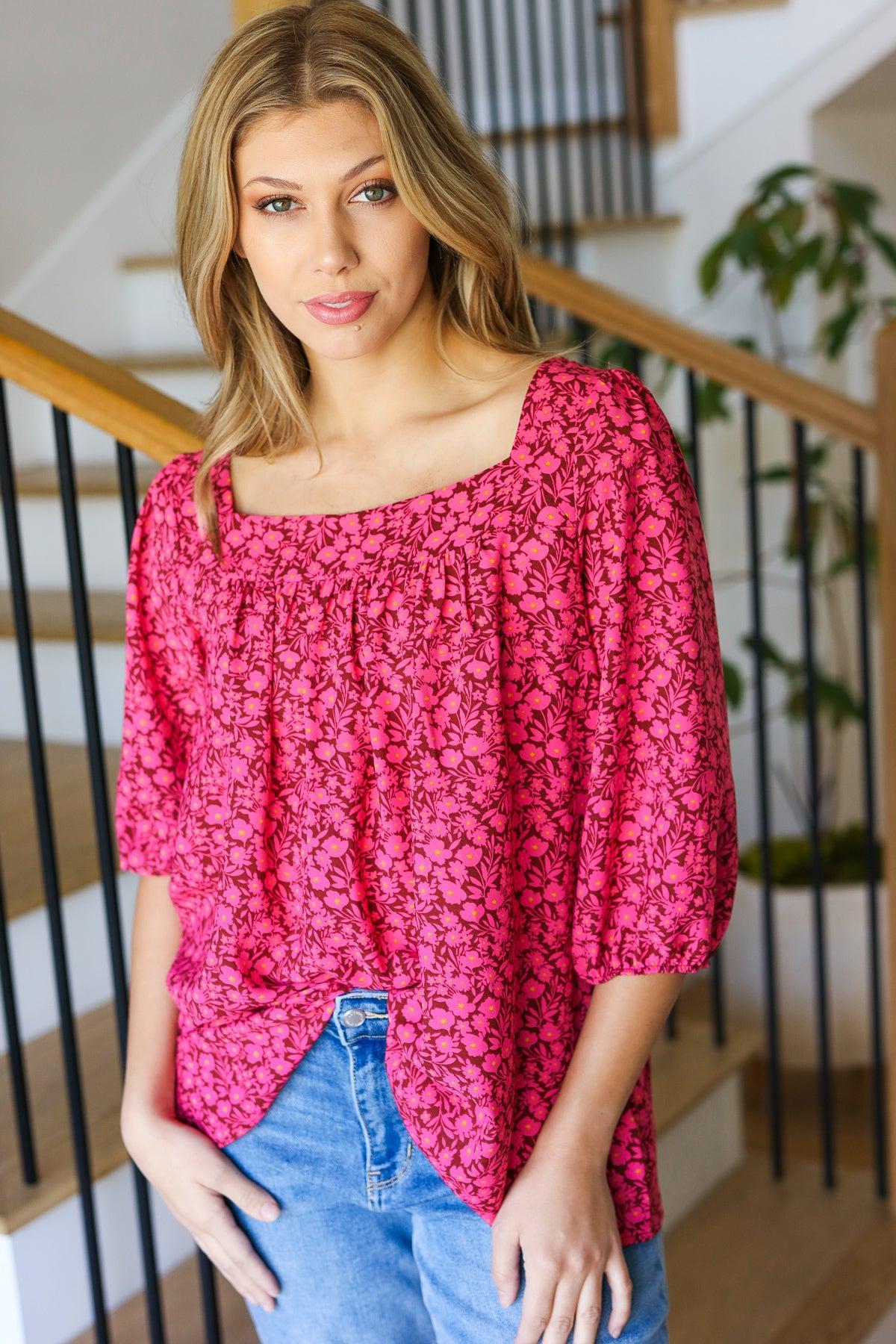 Perfectly You Fuchsia Floral Three Quarter Sleeve Square Neck Top-Evelyns Fashion