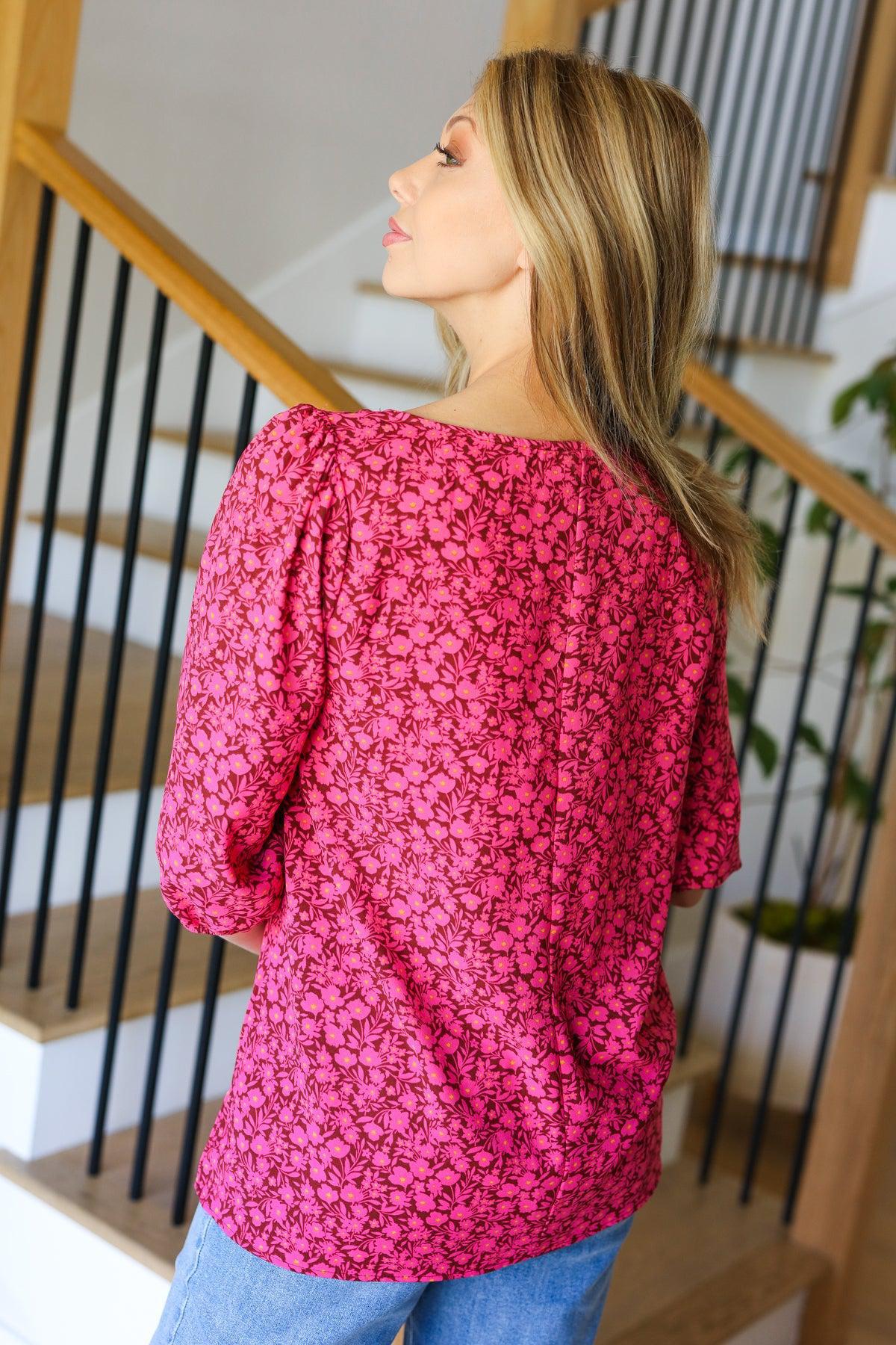 Perfectly You Fuchsia Floral Three Quarter Sleeve Square Neck Top-Evelyns Fashion