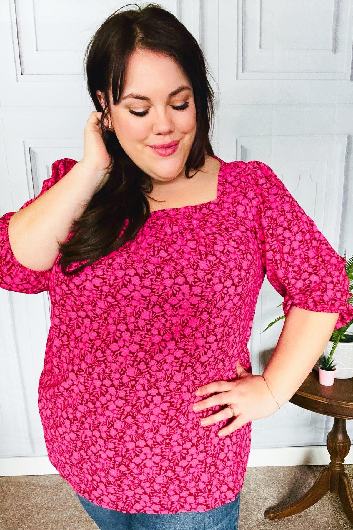 Perfectly You Fuchsia Floral Three Quarter Sleeve Square Neck Top-Evelyns Fashion