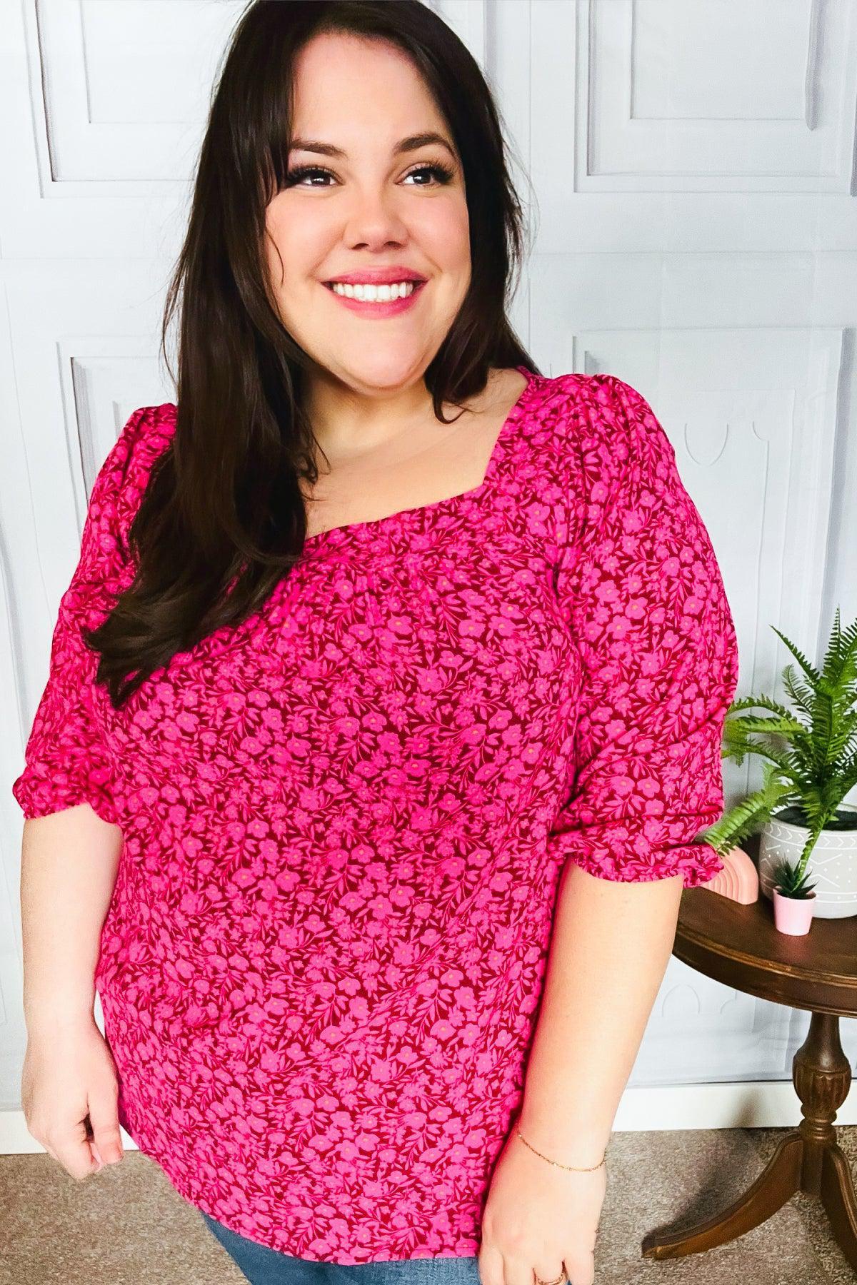 Perfectly You Fuchsia Floral Three Quarter Sleeve Square Neck Top-Evelyns Fashion