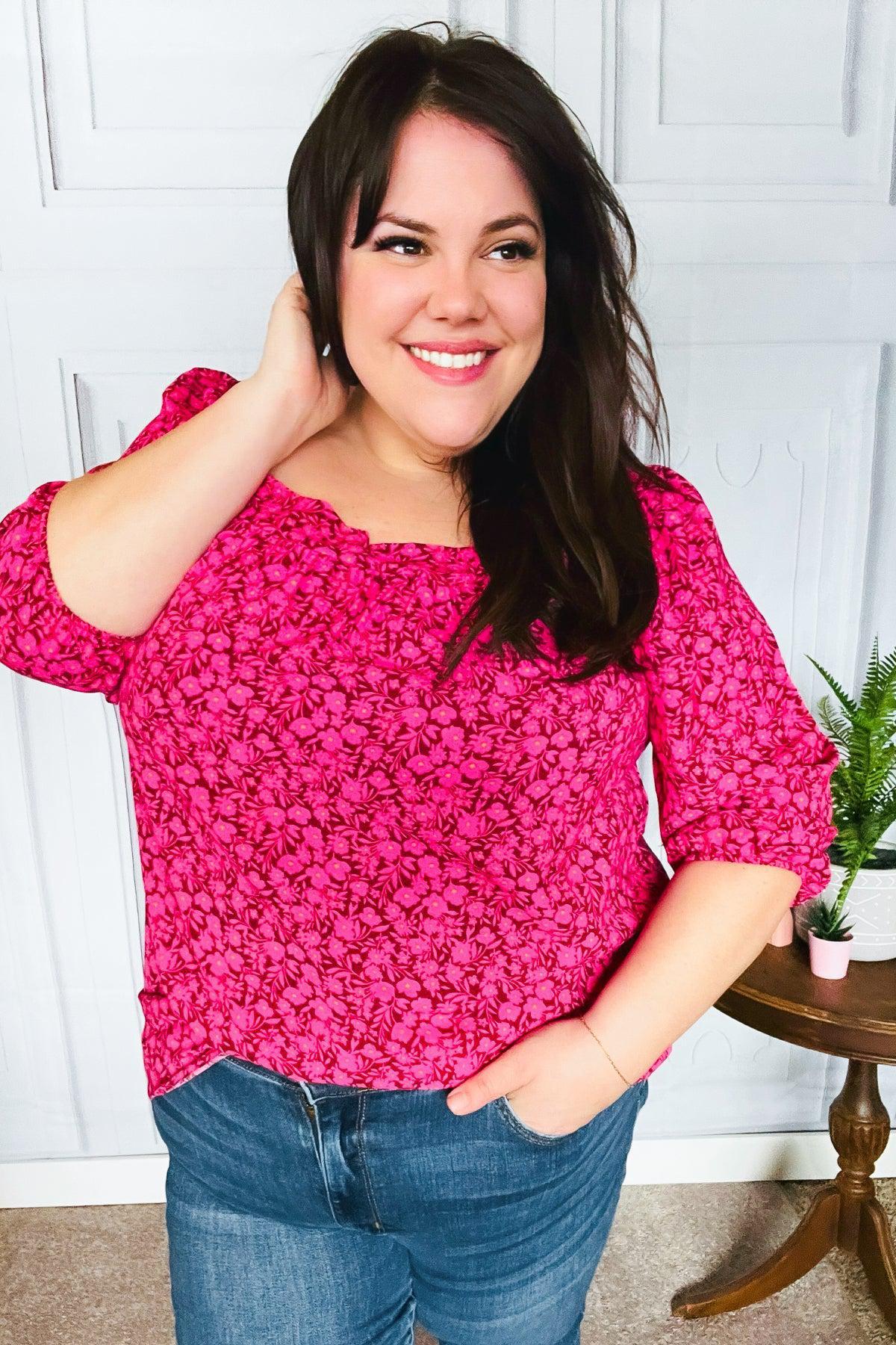 Perfectly You Fuchsia Floral Three Quarter Sleeve Square Neck Top-Evelyns Fashion