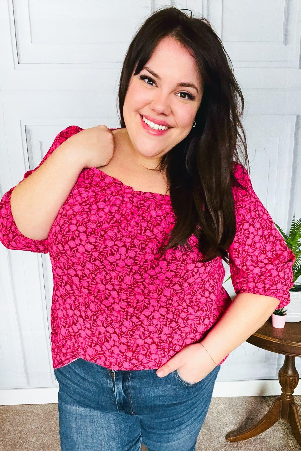 Perfectly You Fuchsia Floral Three Quarter Sleeve Square Neck Top-Evelyns Fashion