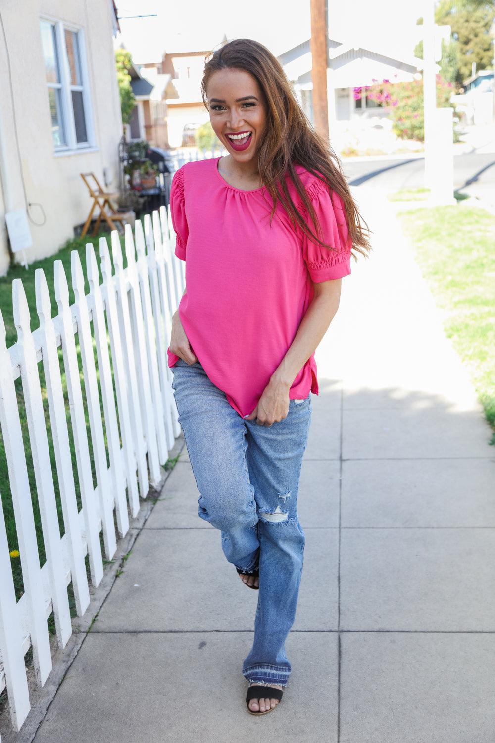 Perfectly You Solid Fuchsia Silk Shirred Cap Short Sleeve Blouse-Evelyns Fashion