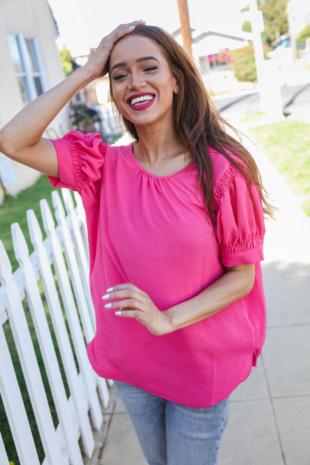 Perfectly You Solid Fuchsia Silk Shirred Cap Short Sleeve Blouse-Evelyns Fashion