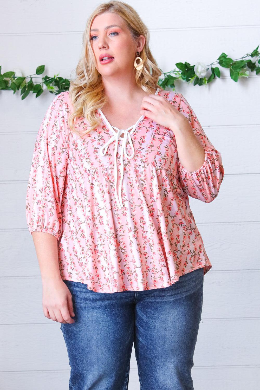 Pink Floral Stripe V Tie Neck Knit Top-Evelyns Fashion