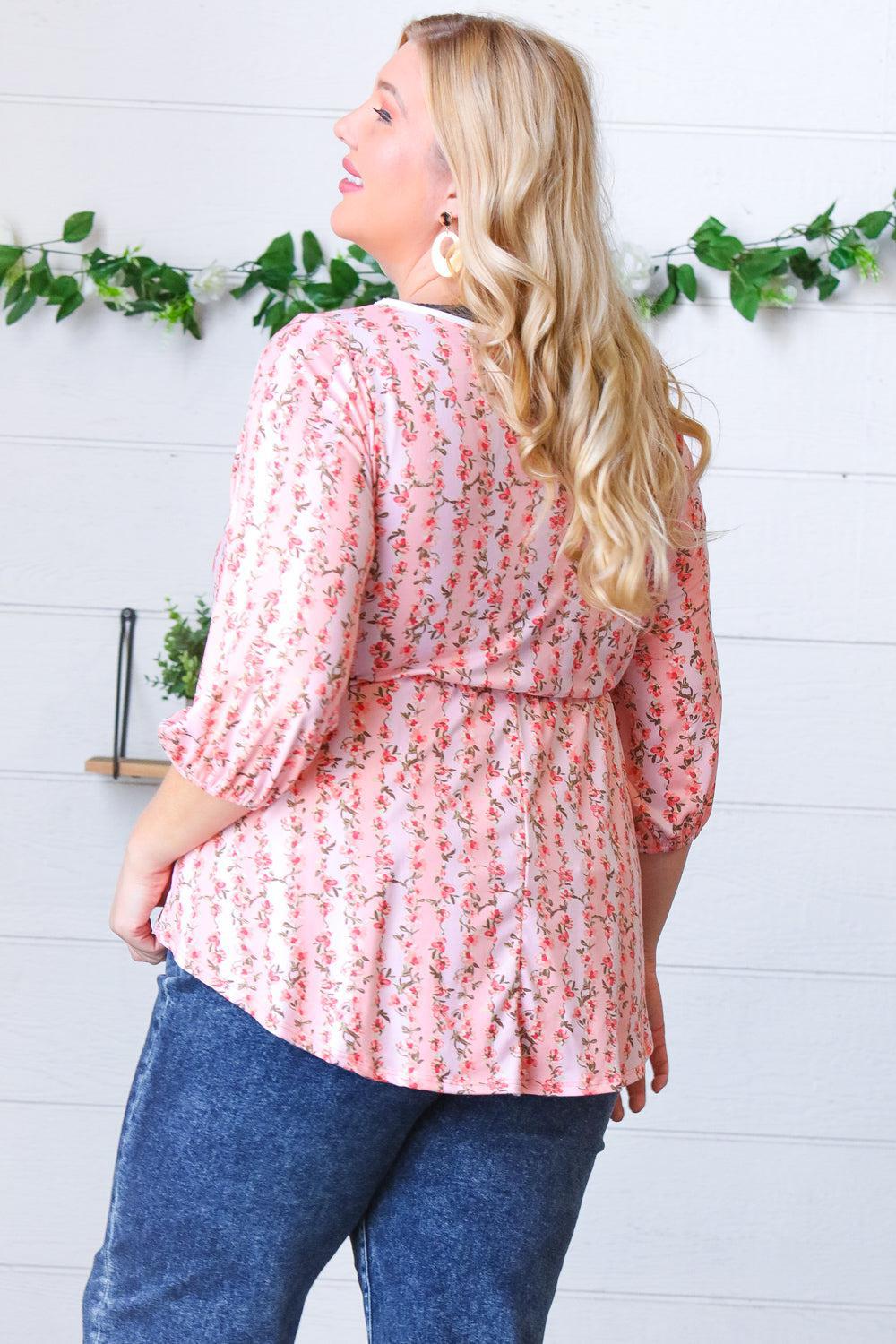 Pink Floral Stripe V Tie Neck Knit Top-Evelyns Fashion