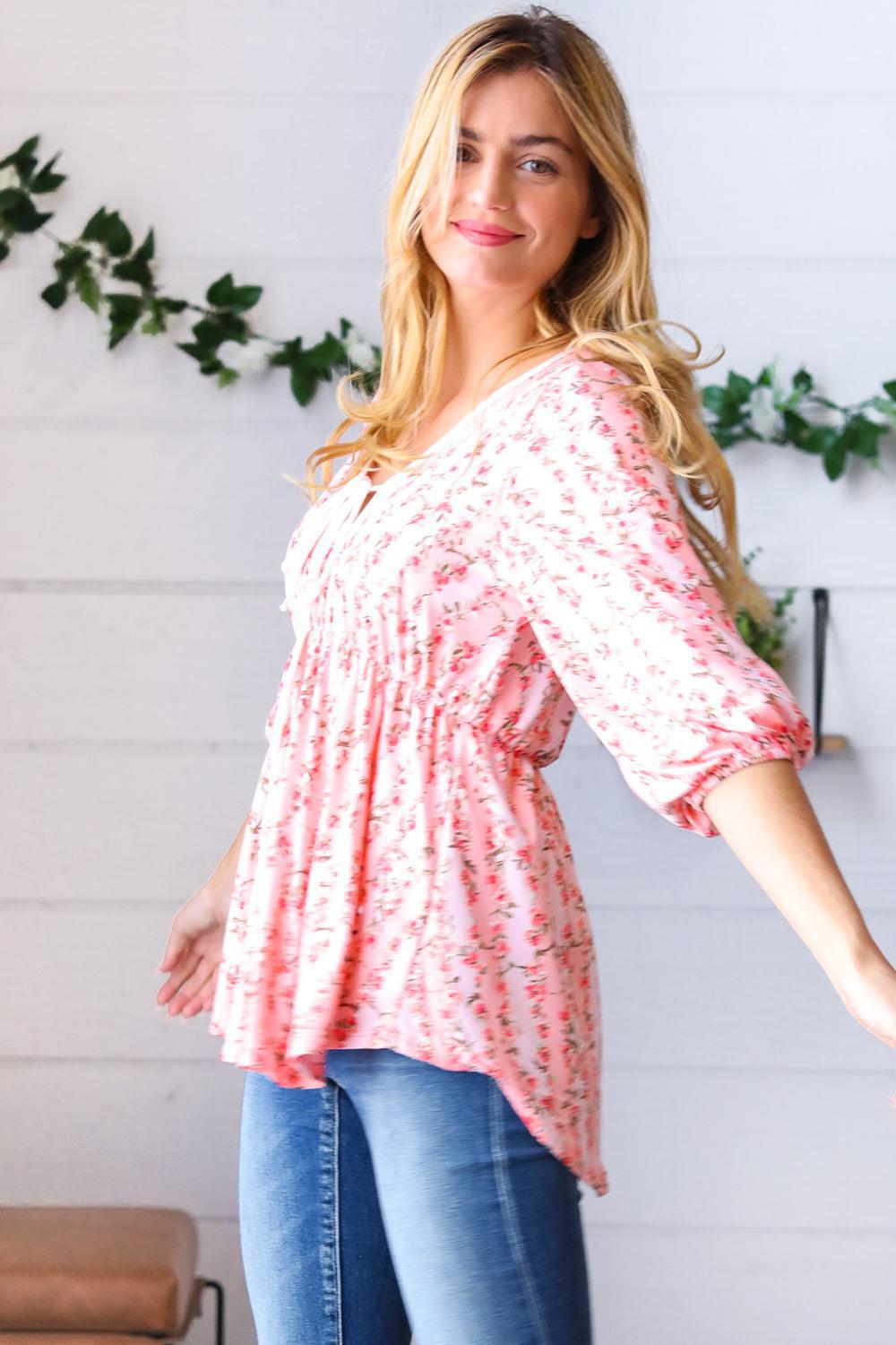 Pink Floral Stripe V Tie Neck Knit Top-Evelyns Fashion