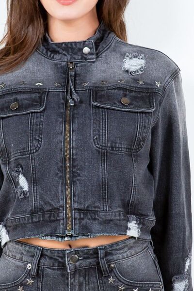 Plus Size Distressed Denim Rider Jacket-Evelyns Fashion