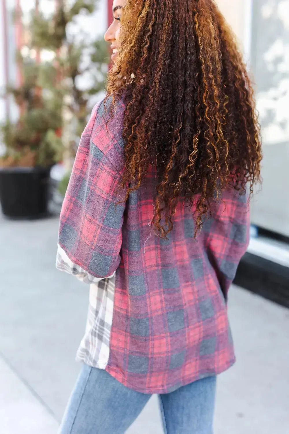Pretty in Plaid Brushed Hacci Color Block Hoodie-Evelyns Fashion