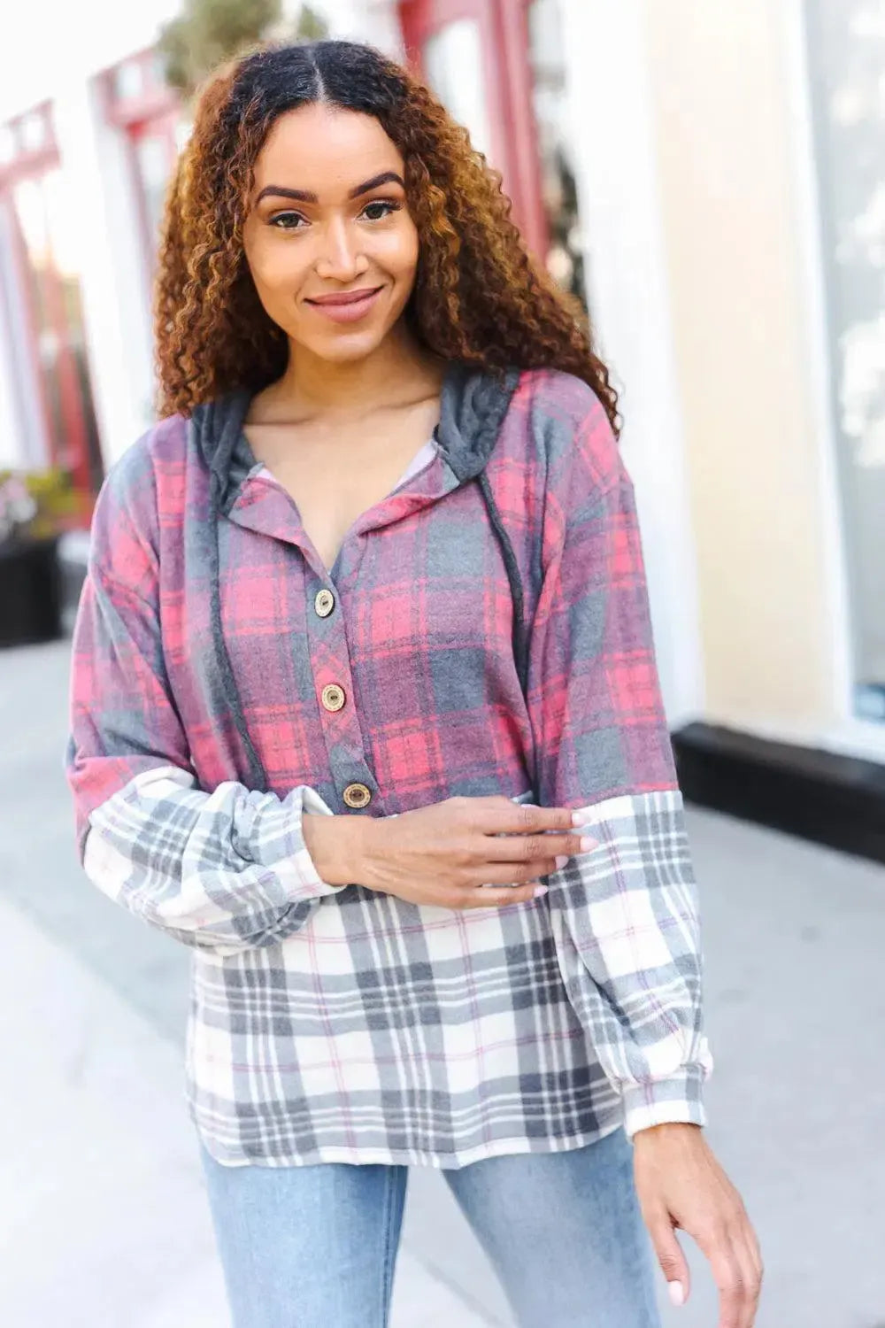 Pretty in Plaid Brushed Hacci Color Block Hoodie-Evelyns Fashion