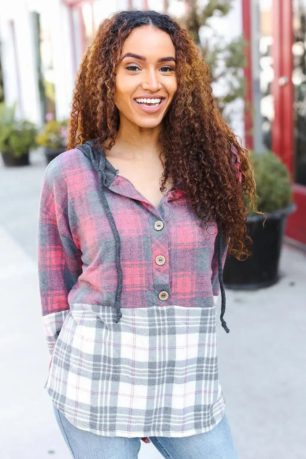 Pretty in Plaid Brushed Hacci Color Block Hoodie-Evelyns Fashion