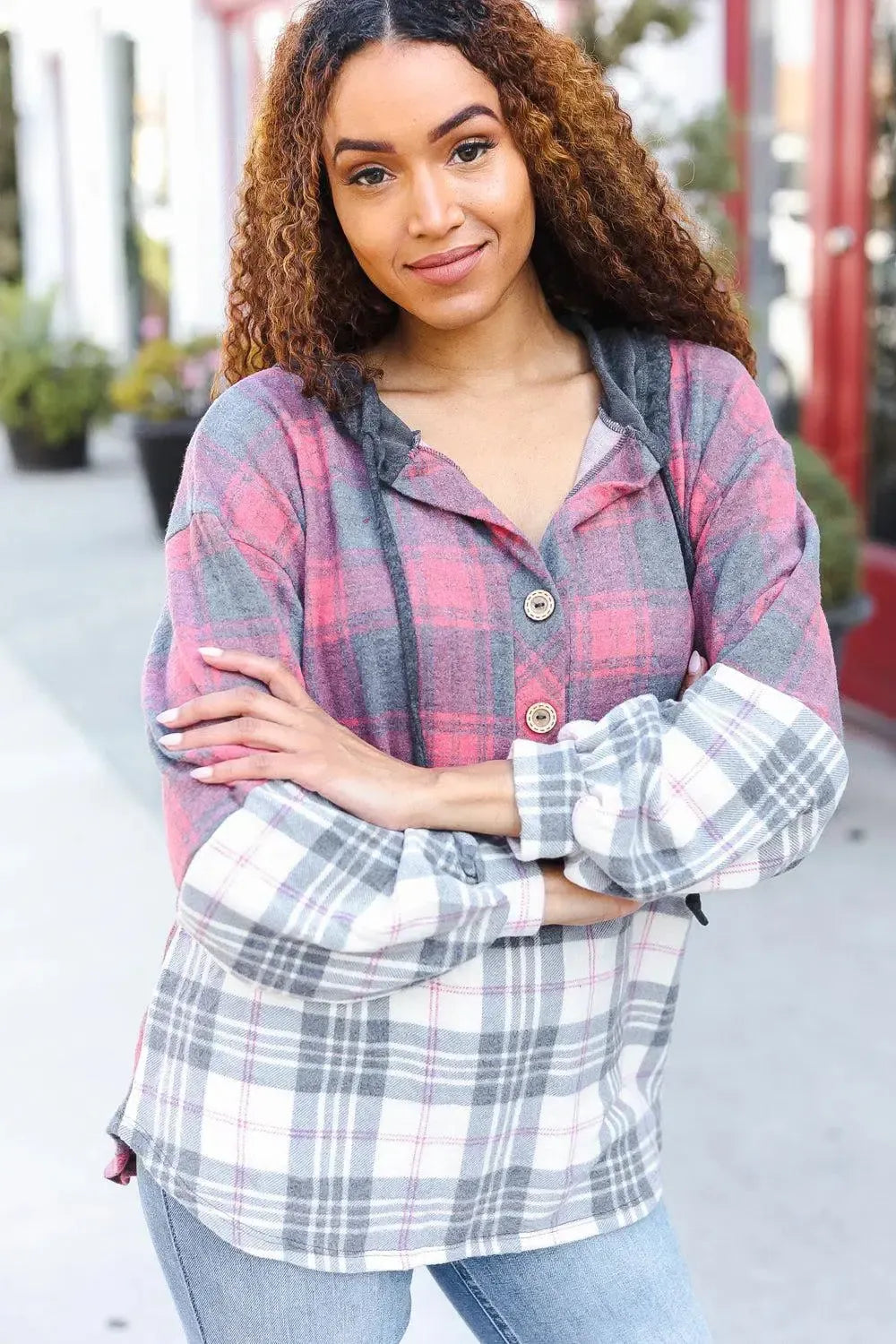 Pretty in Plaid Brushed Hacci Color Block Hoodie-Evelyns Fashion