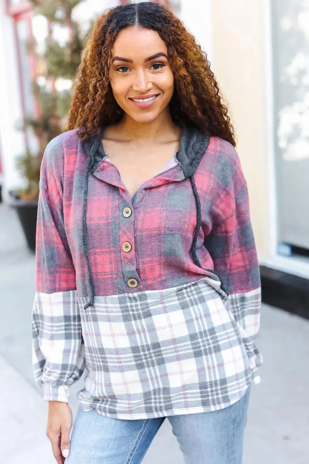 Pretty in Plaid Brushed Hacci Color Block Hoodie-Evelyns Fashion
