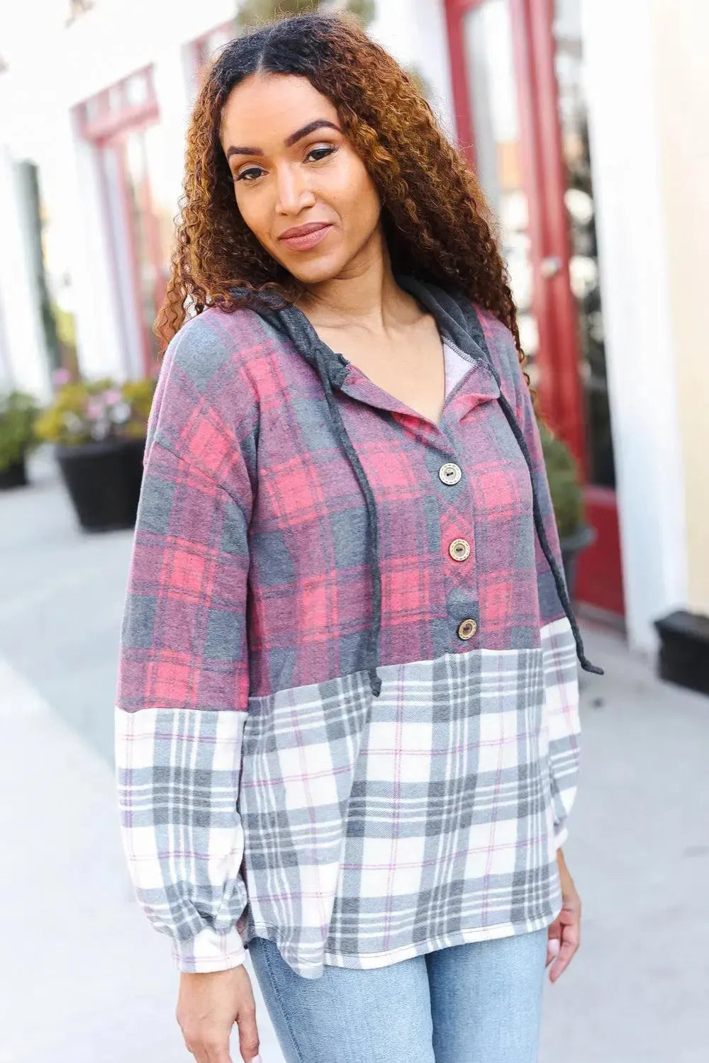 Pretty in Plaid Brushed Hacci Color Block Hoodie-Evelyns Fashion