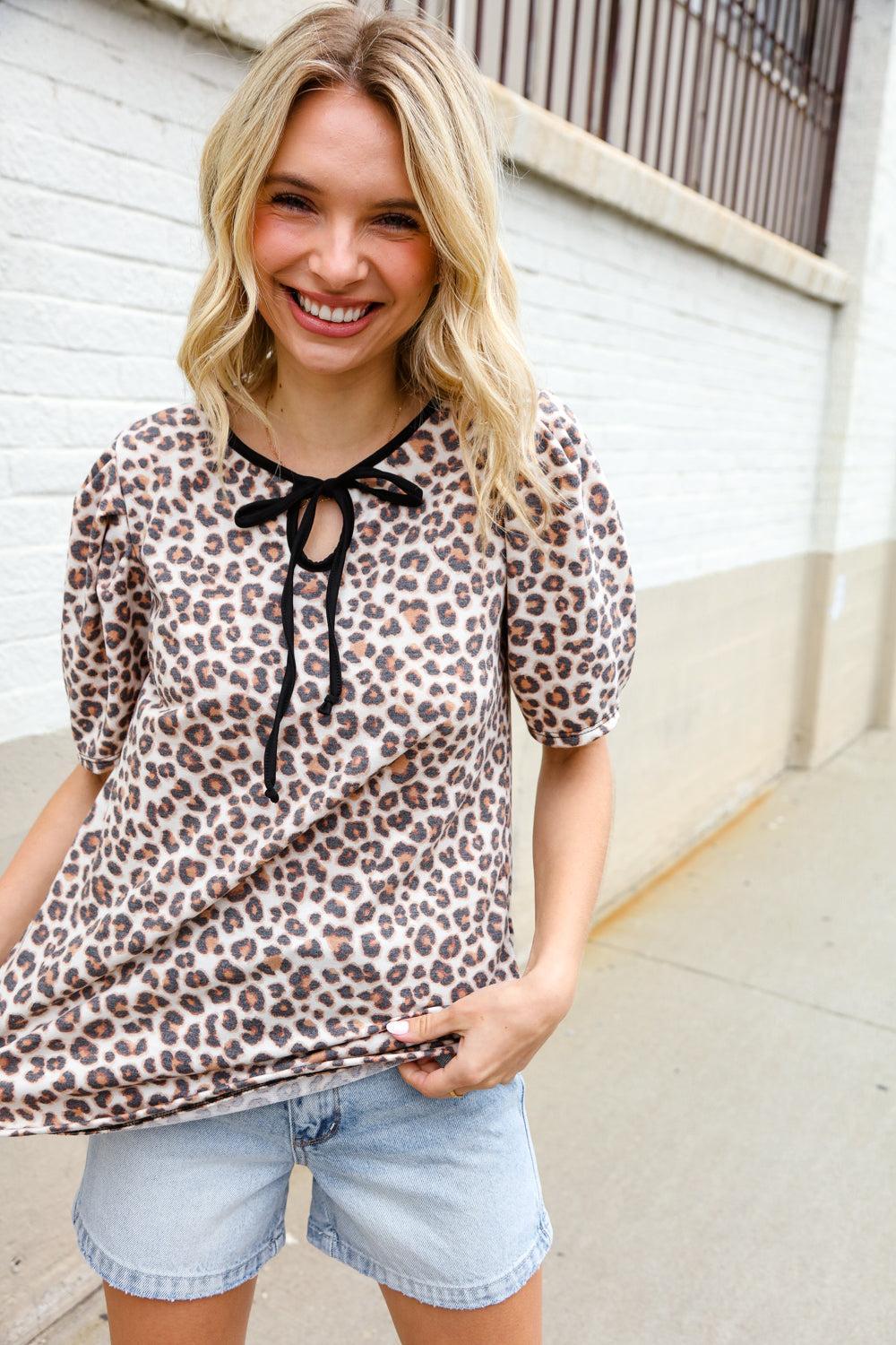 Print Collar Tie Front Top-Blouses-Evelyns Fashion