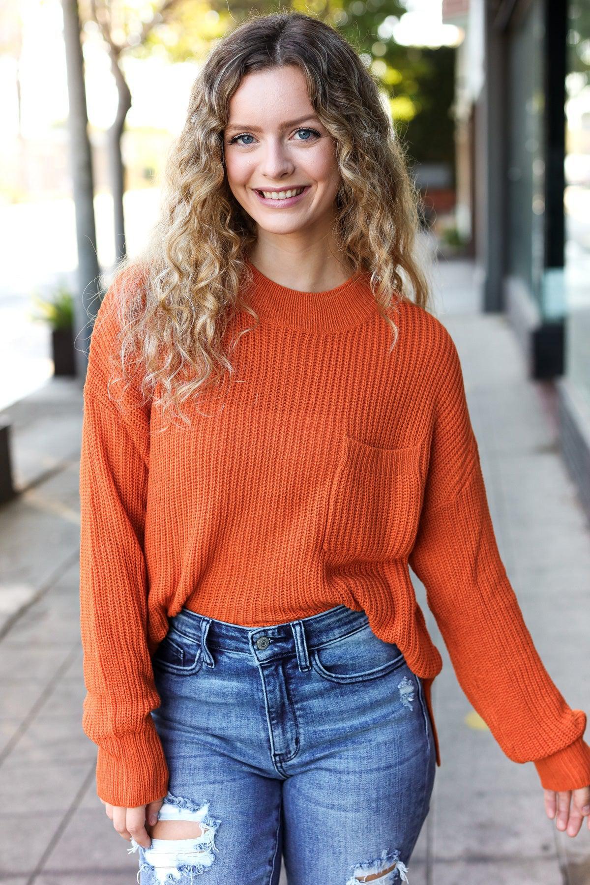 Pumpkin Spice Mock Neck Chest Pocket Knit Sweater-Evelyns Fashion
