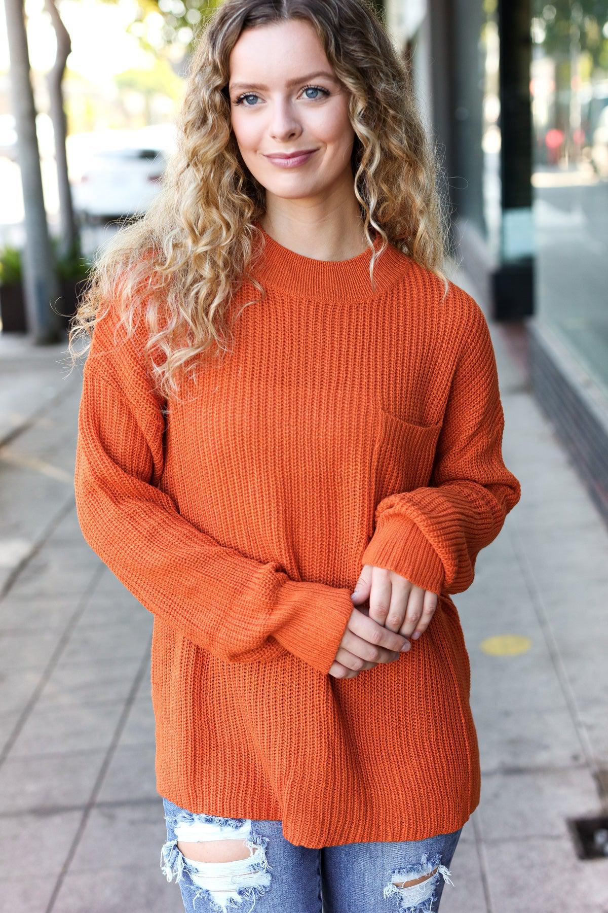 Pumpkin Spice Mock Neck Chest Pocket Knit Sweater-Evelyns Fashion