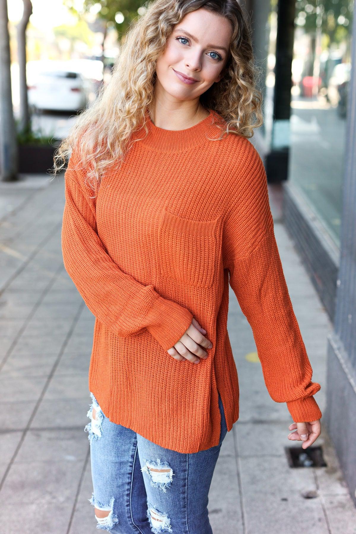Pumpkin Spice Mock Neck Chest Pocket Knit Sweater-Evelyns Fashion