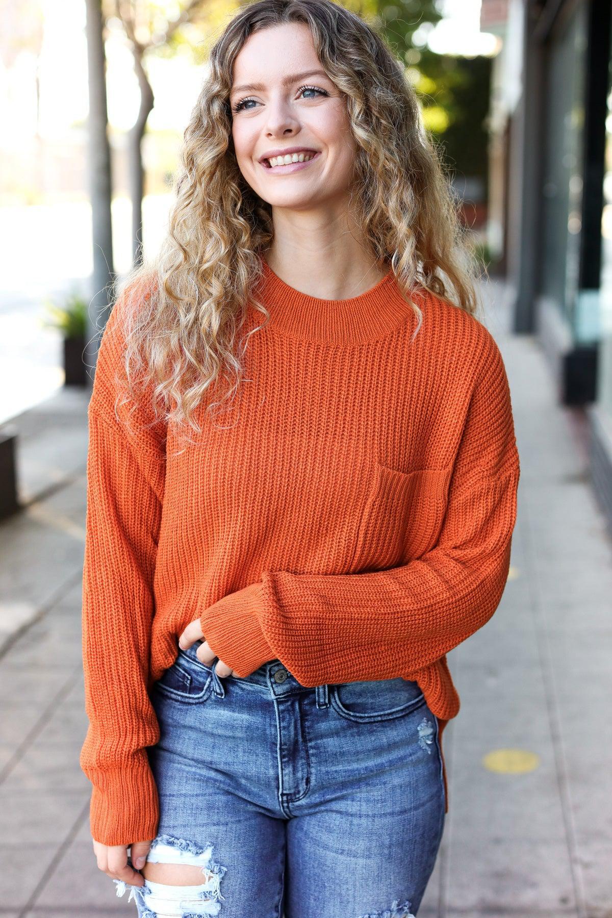 Pumpkin Spice Mock Neck Chest Pocket Knit Sweater-Evelyns Fashion