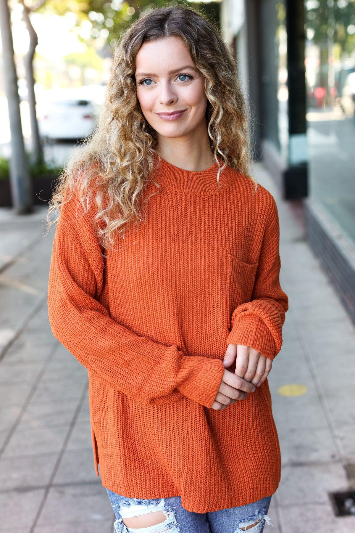 Pumpkin Spice Mock Neck Chest Pocket Knit Sweater-Evelyns Fashion