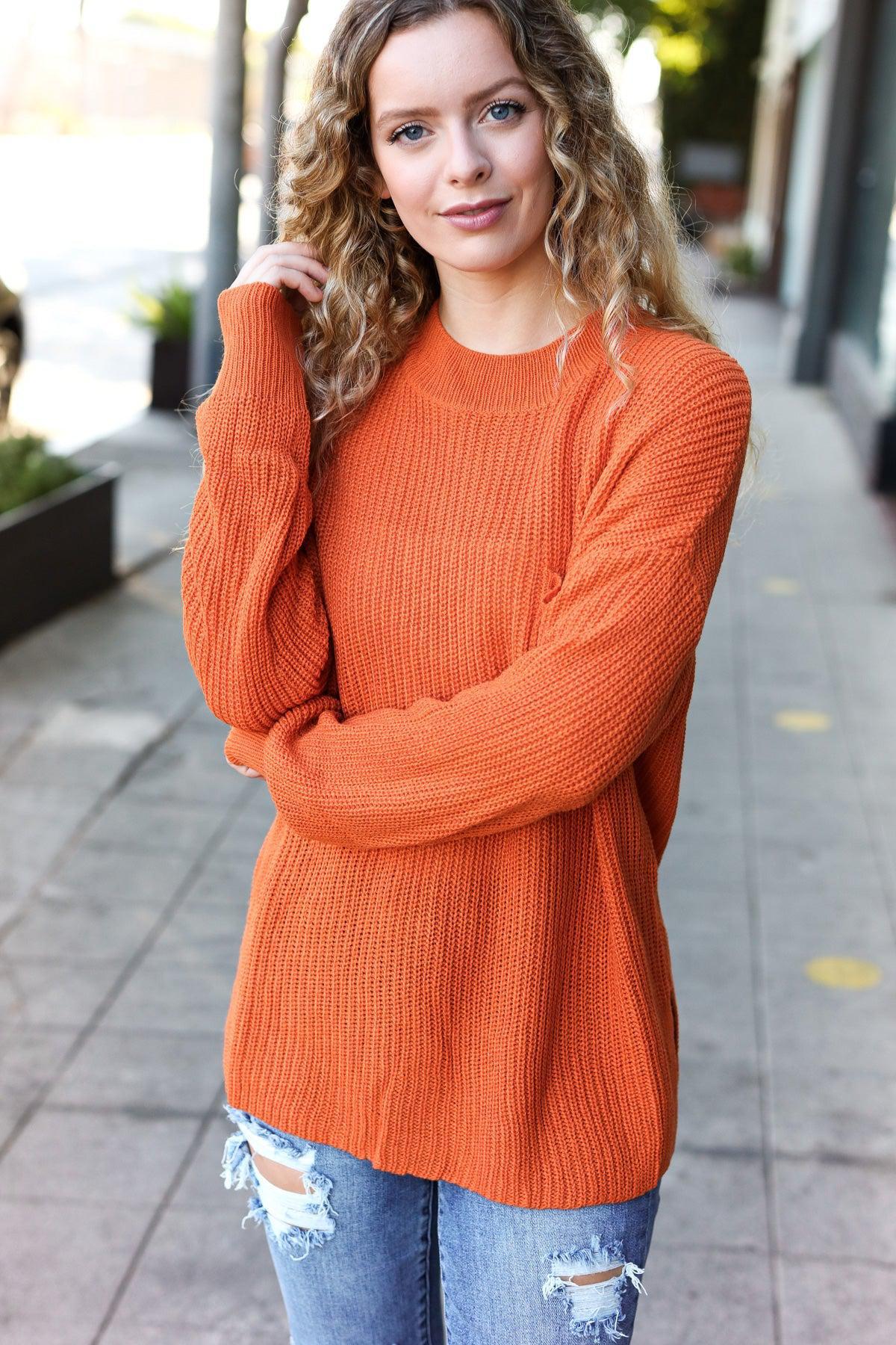 Pumpkin Spice Mock Neck Chest Pocket Knit Sweater-Evelyns Fashion
