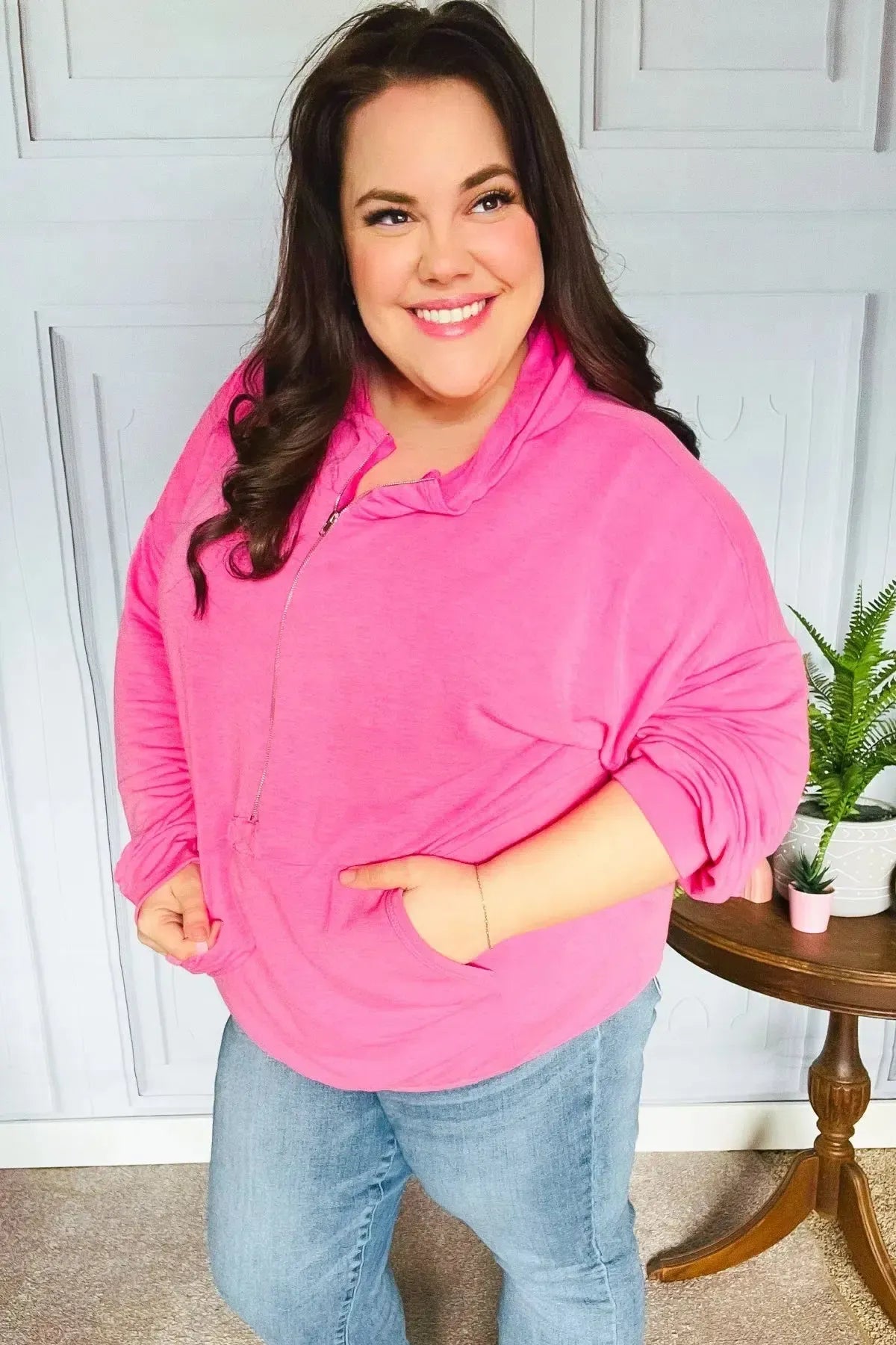 Ready to Relax Hot Pink Half Zip French Terry Hoodie-Evelyns Fashion