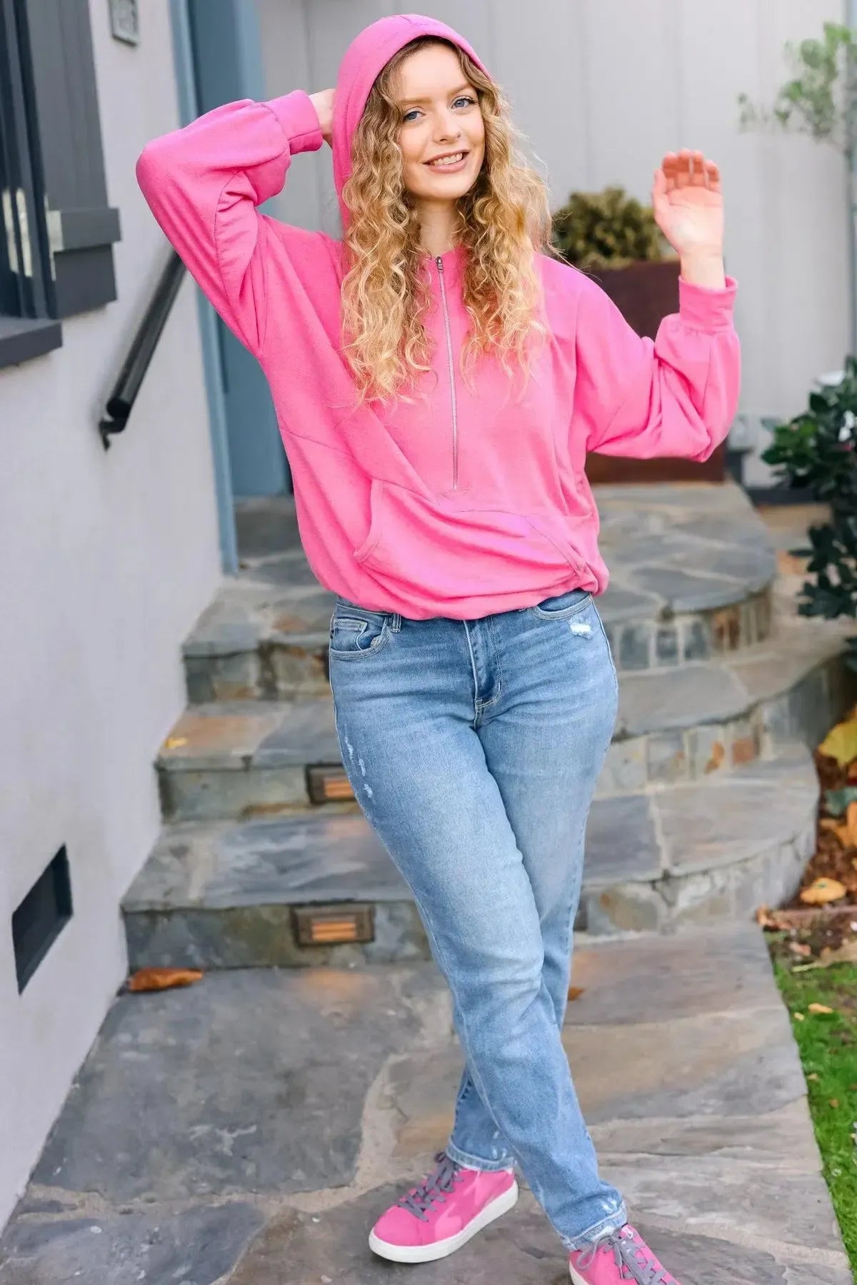 Ready to Relax Hot Pink Half Zip French Terry Hoodie-Evelyns Fashion