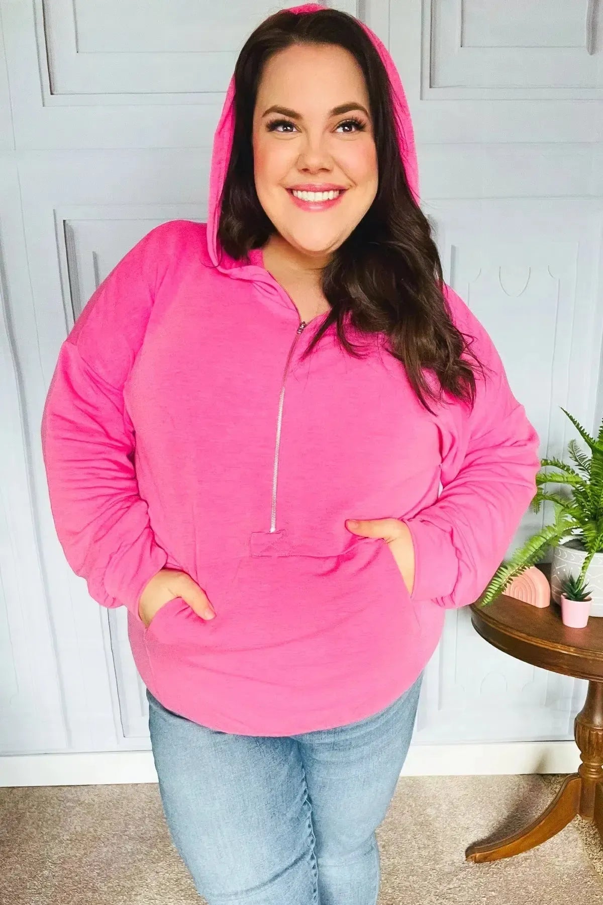 Ready to Relax Hot Pink Half Zip French Terry Hoodie-Evelyns Fashion