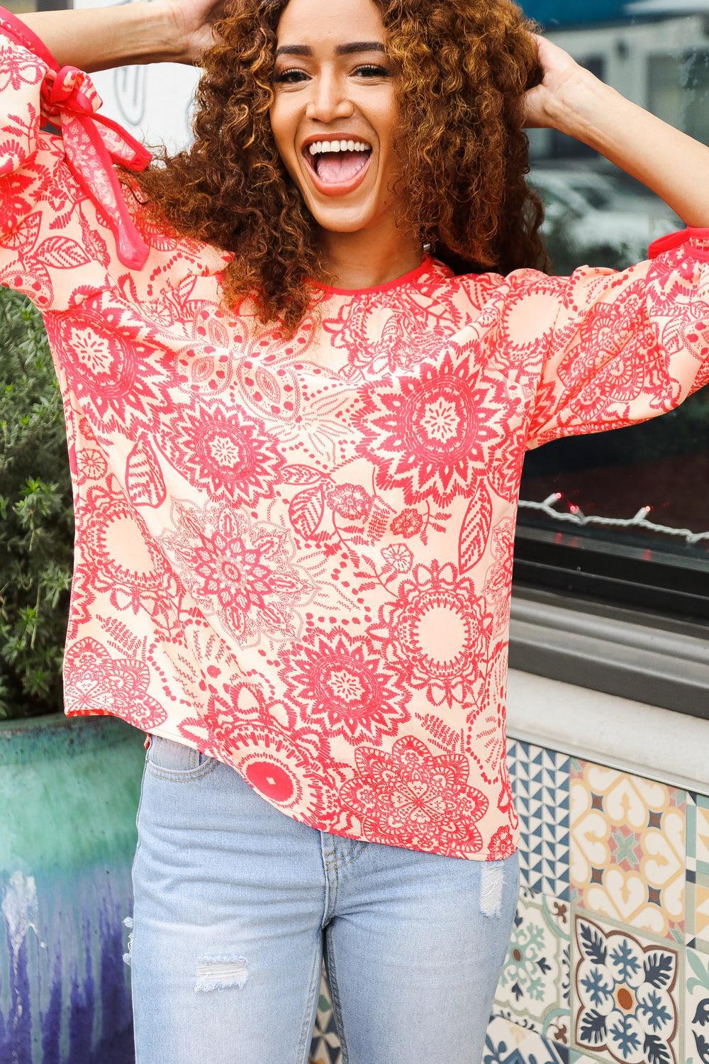 Red & Coral Floral Bow Tie Top-Evelyns Fashion